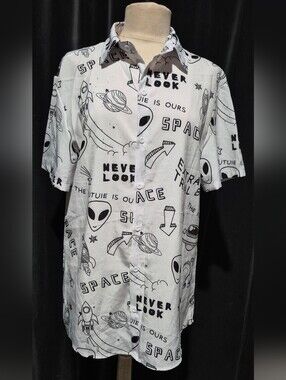 ROMWE White Short Sleeve Button-Up Space Print Shirt (Box B)